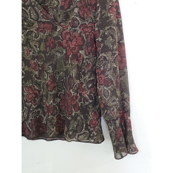 Ann Taylor LOFT Womens Top Blouse Long Bell Sleeve Floral Silk Size 14 Brown - Picture 5 of 10
